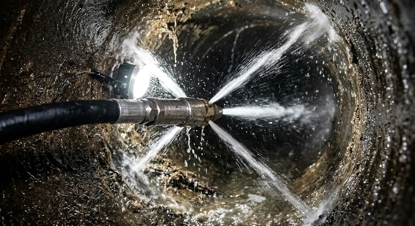 High-pressure hydro jetting nozzle cleaning sewer pipe for Emergency Drain Service in Burnt Mills
