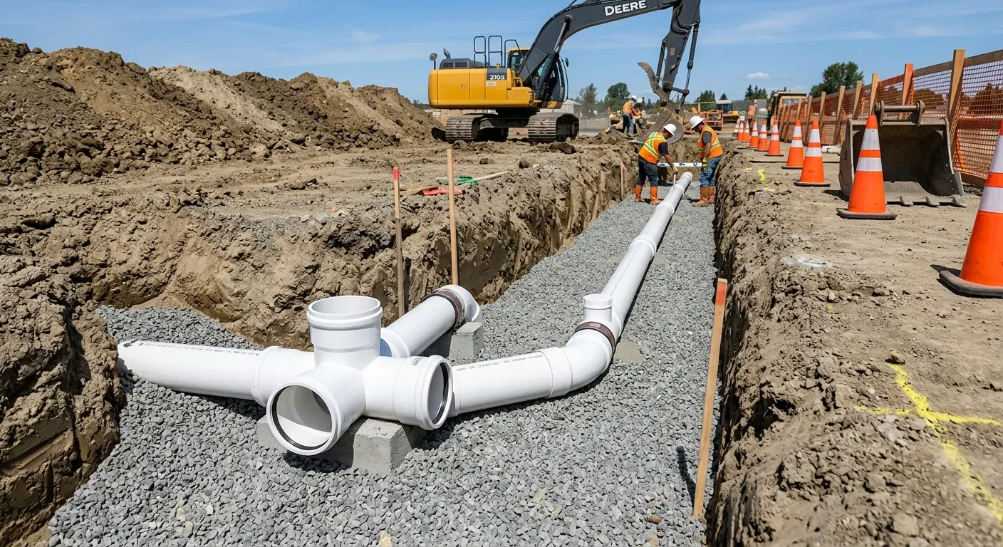 New PVC sewer pipe installation in open trench for Commercial Drain Cleaning in Burnt Mills