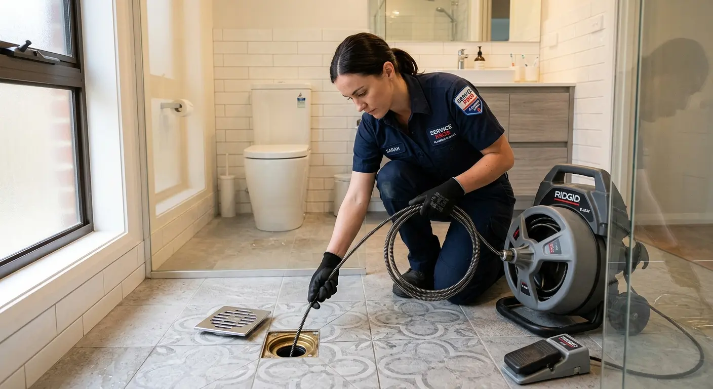 Technician clearing a bathroom floor drain for Clogged Drain Repair in Burnt Mills
